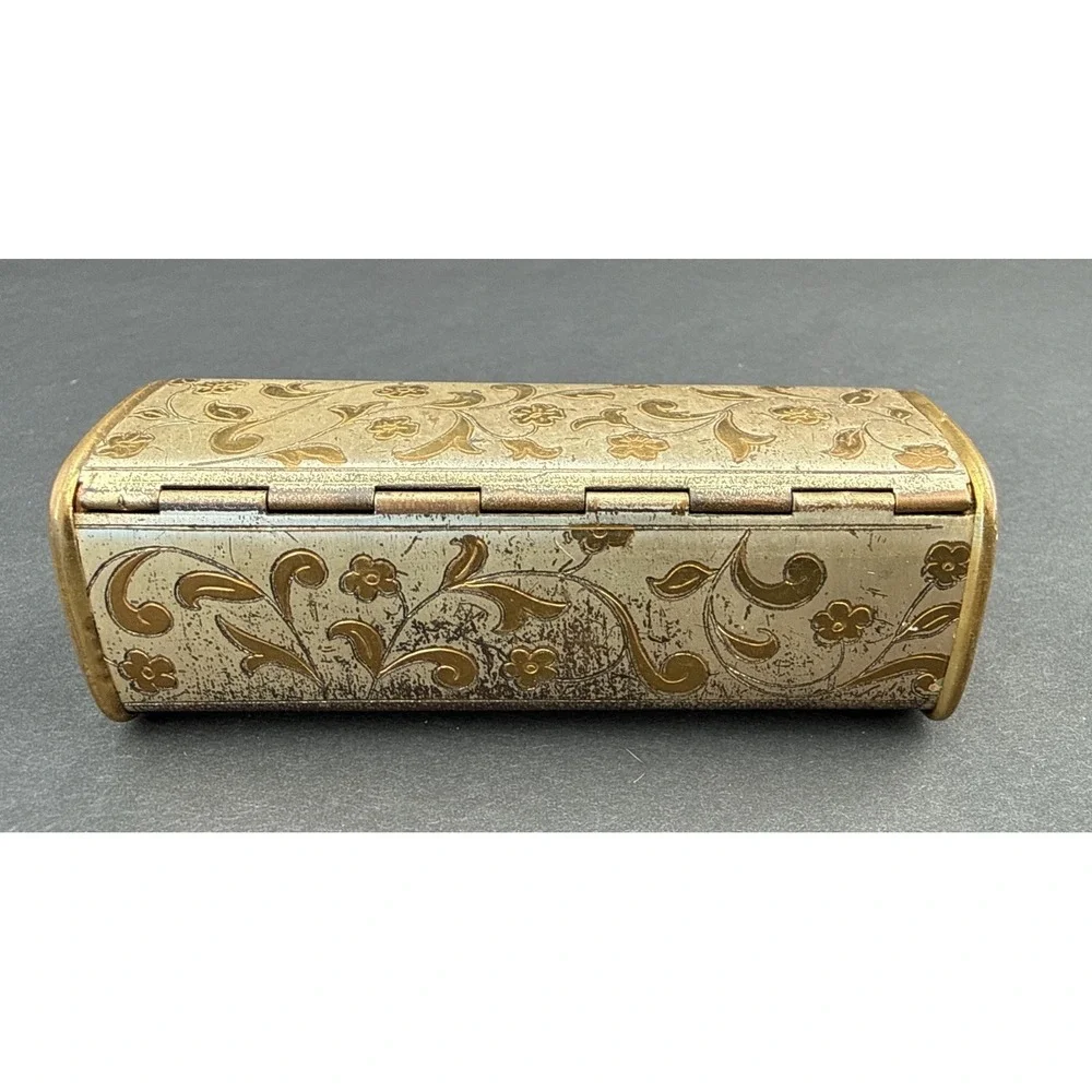 Vintage Floral Engraved Brass Tone Lipstick Case Holder Vanity Accessory